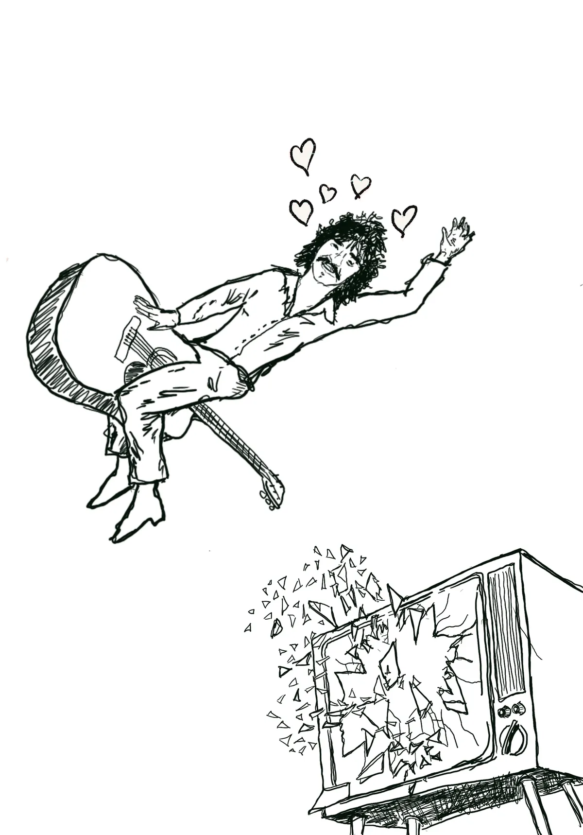 Line drawing of John Prine leaping out of a smashed television with his guitar, hearts above his head — ready to be coloured in.